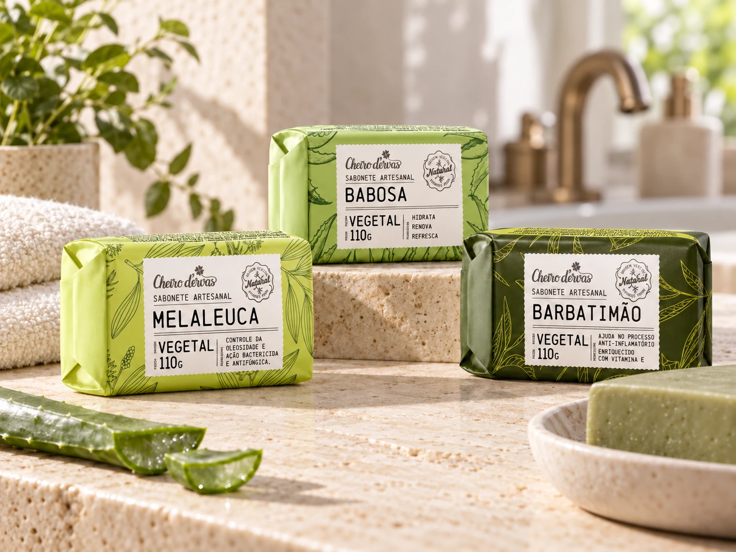 Três sabonetes vegetais artesanais Cheiro d'Ervas de 110 g (melaleuca, babosa e barbatimão) sobre bancada, com uma barra em saboneteira
