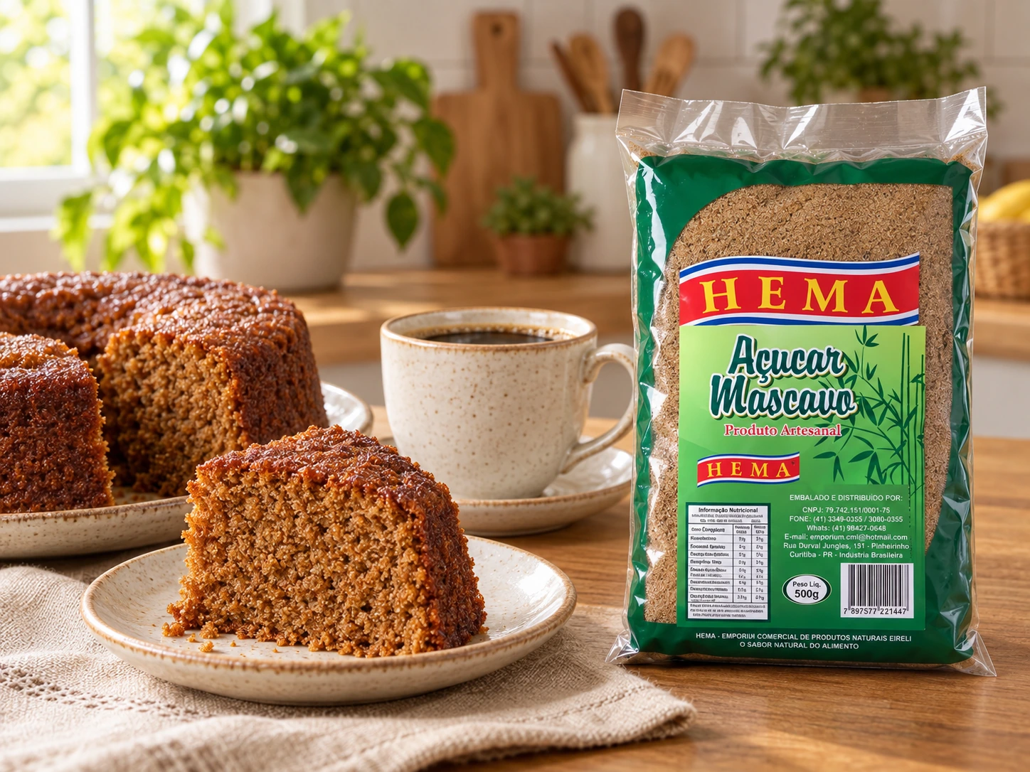 Pacote verde de açúcar mascavo Hema de 500 g ao lado de bolo de açúcar mascavo fatiado e xícara de café
