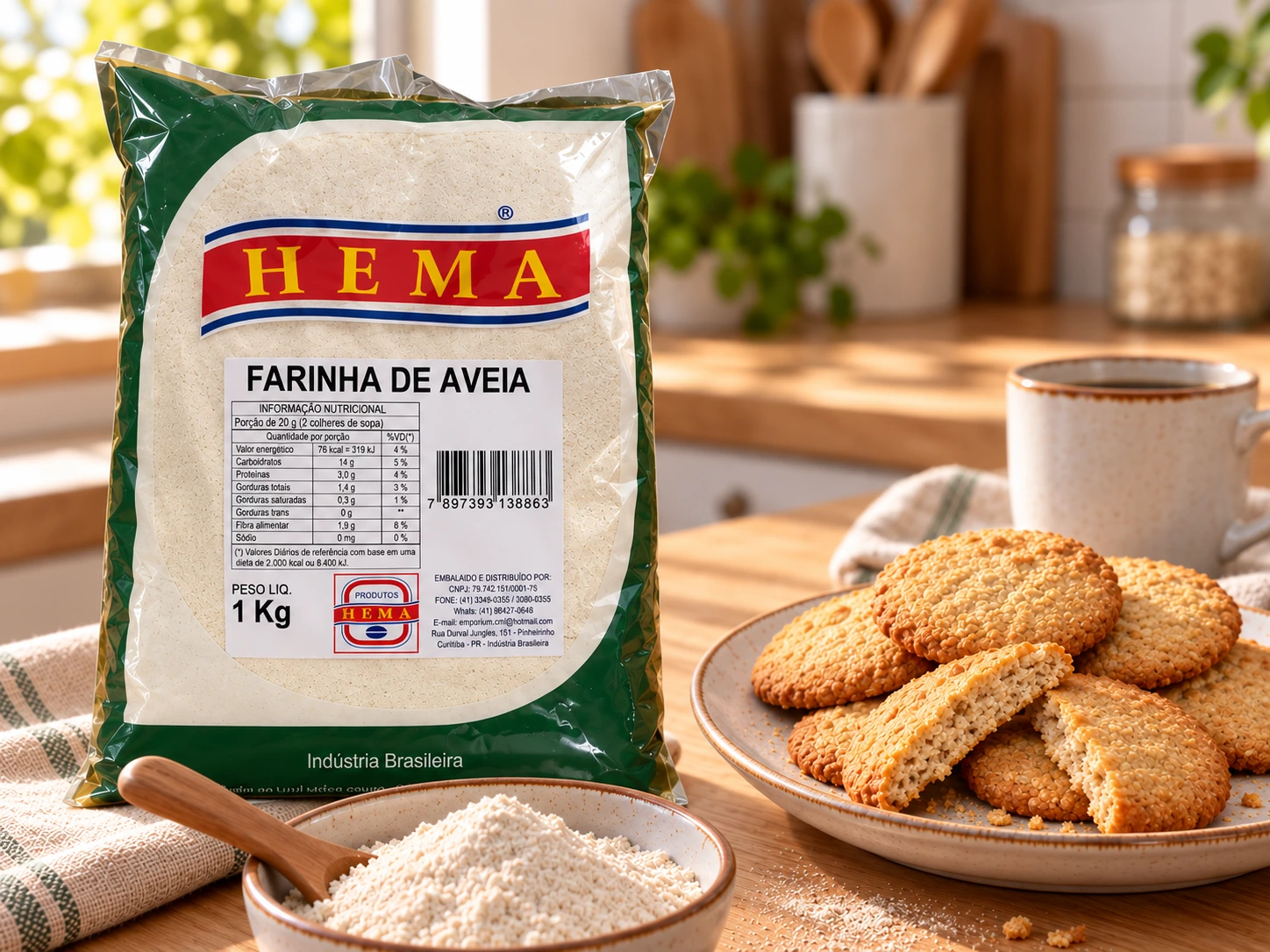 Pacote de farinha de aveia Hema de 1 kg, tigela com a farinha e biscoitos de aveia