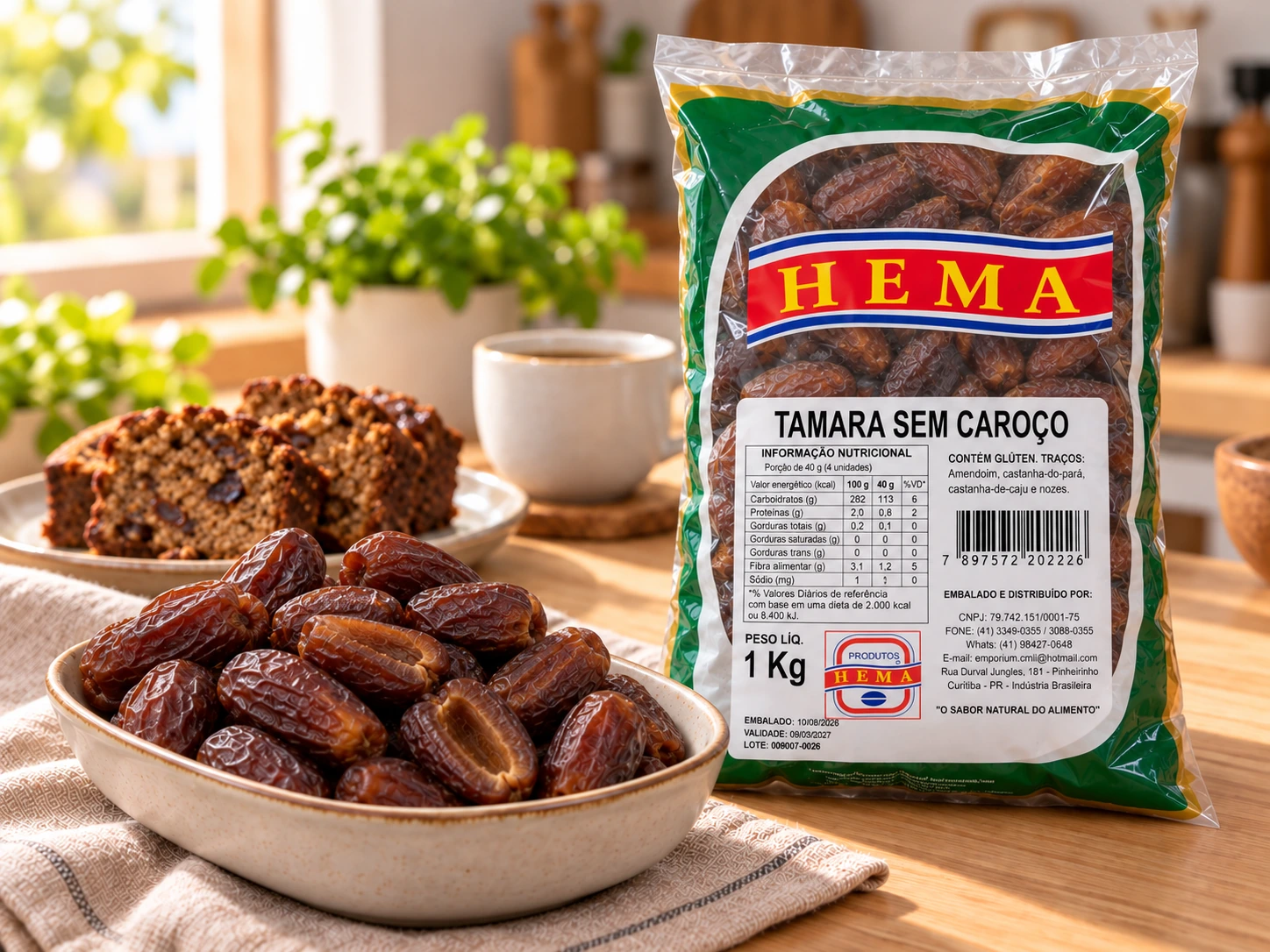 Pacote de tâmara sem caroço Hema de 1 kg, tigela com as tâmaras e bolo fatiado