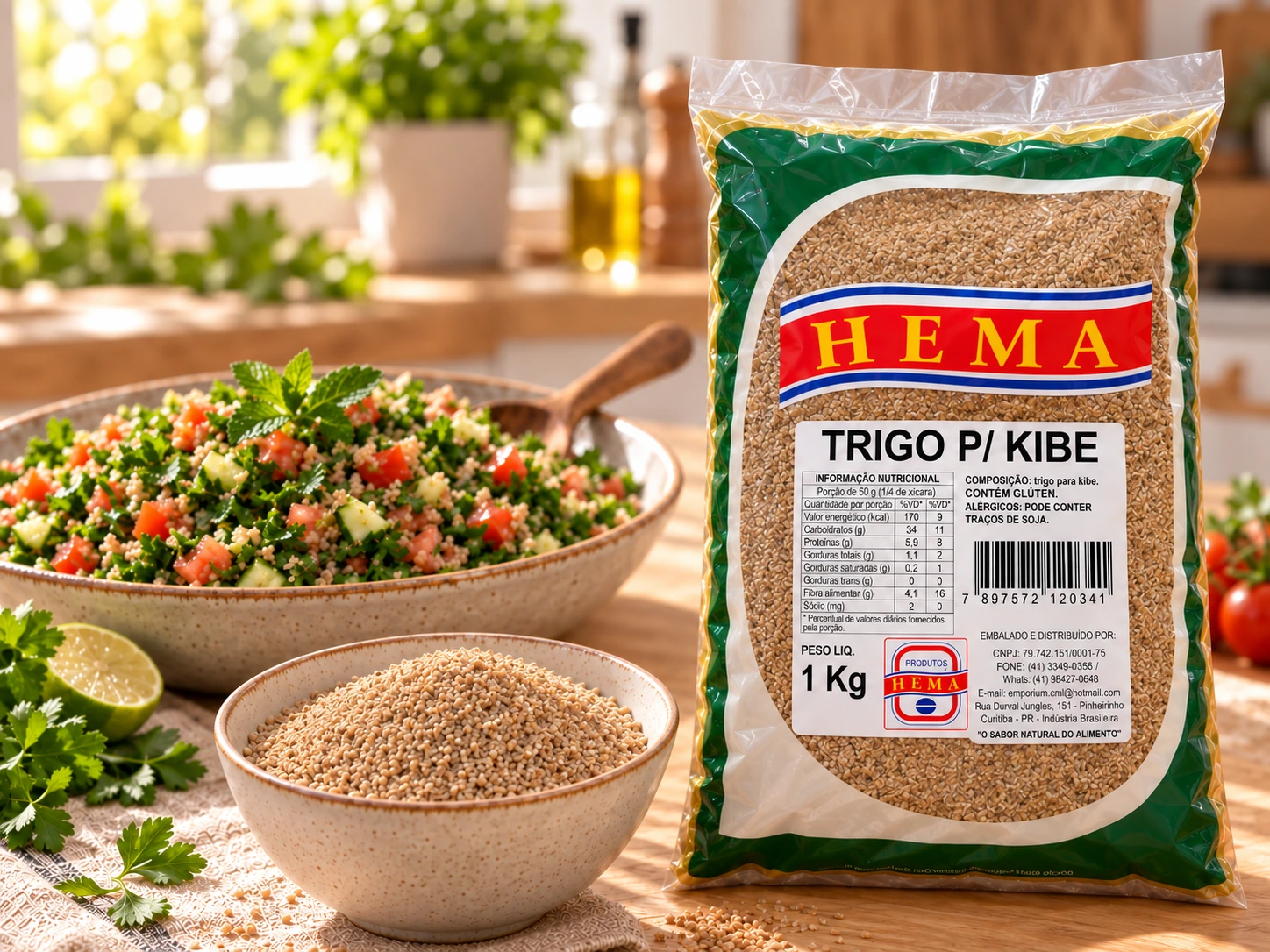 Pacote de trigo para quibe Hema de 1 kg, tigela com o trigo e tabule